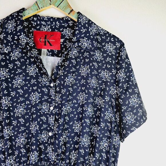 CK Calvin Klein Collared Floral Short Button Front Casual Dress, Sz L - Picture 5 of 7